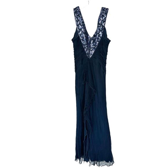 Tadashi Shoji Dress Navy Blue Sequin Silk Sleeveless Formal Maxi Gown Size 16 - Picture 9 of 11